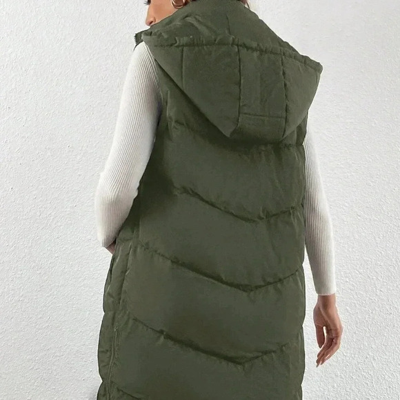 Army Green Casual Women's Zip Up Slant Pocket Sleeveless Hooded Padded Coat - Picture 3 of 4